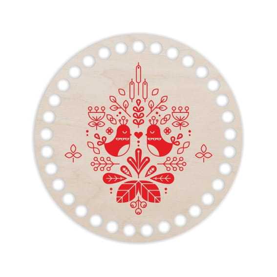 BSZ45-UV Baza koszyka - nadruk koło 15cm - Folk 4 - Dwa ptaszki - czerwień