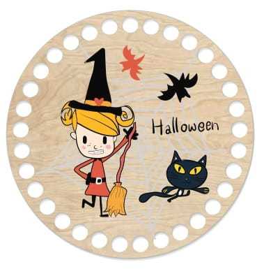 BSZ143-UV Baza koszyka - nadruk, koło 15cm - wiedźma z kotem HALLOWEEN