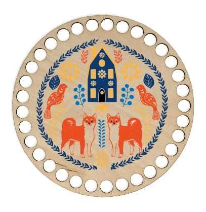 BSZ184-UV Baza koszyka - nadruk, koło 15cm - skandynawski motyw z domkiem i psami