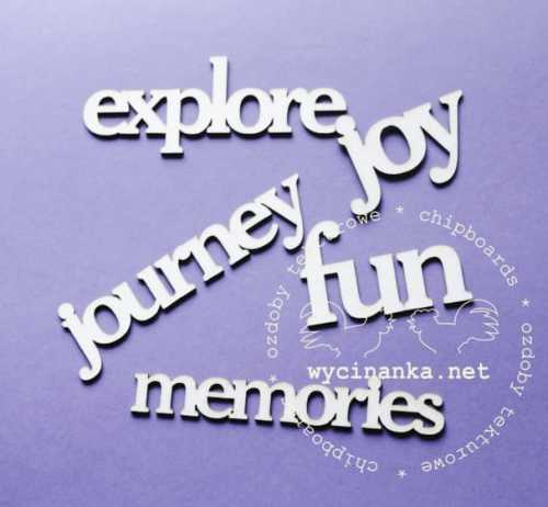zestaw napisów "journey, fun, memories, joy, explore"
