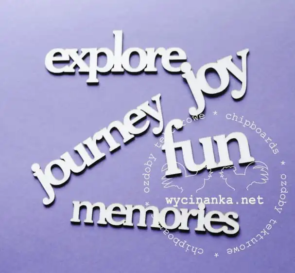 zestaw napisów "journey, fun, memories, joy, explore"