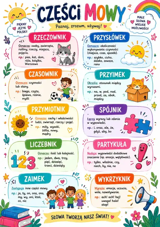 Plakat edukacyjny CZĘŚCI MOWY - gramatyka języka polskiego