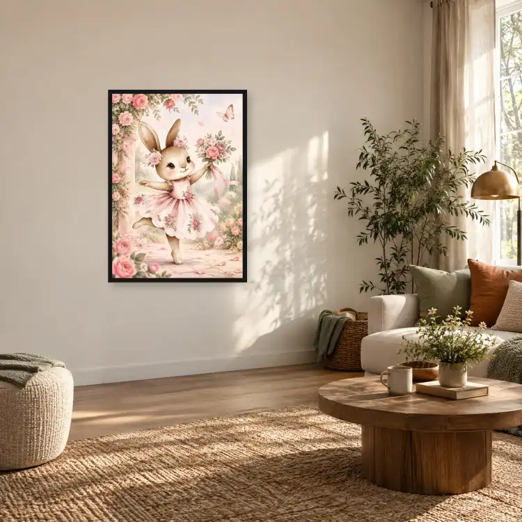 Plakat  pionowy - królik w różowej kwiatowej sukience
