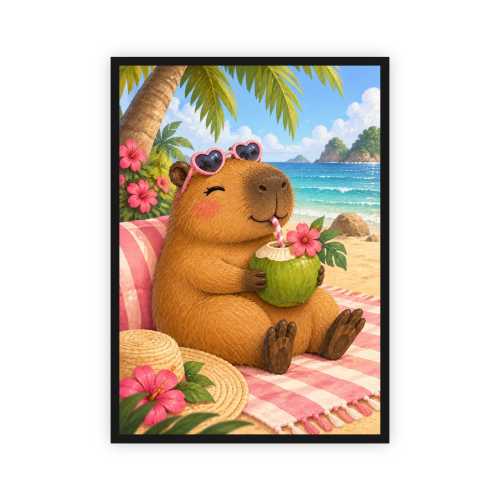 Plakat  pionowy Kapibara na tropikalnej plaży - Eko-Deco