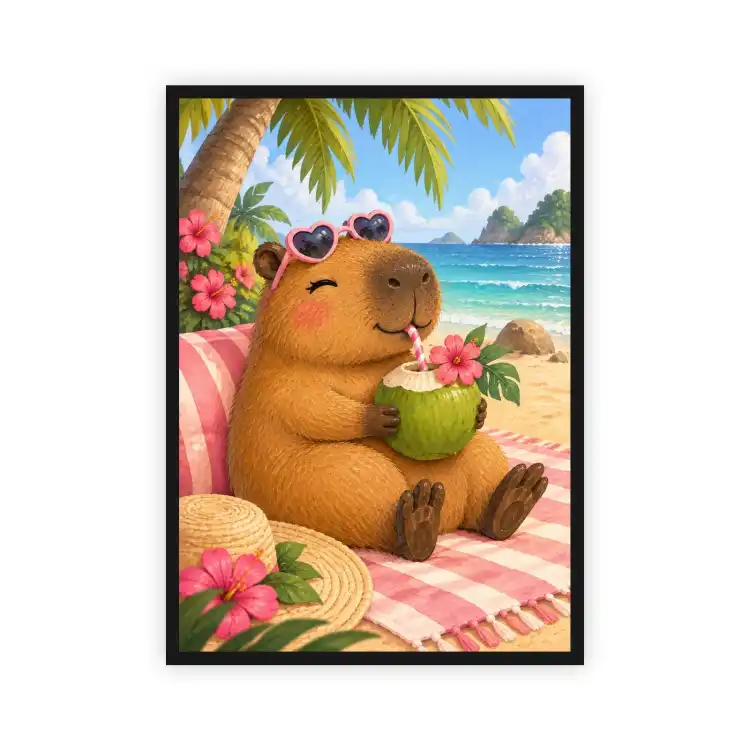 Plakat  pionowy Kapibara na tropikalnej plaży - Eko-Deco