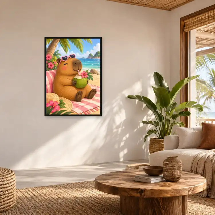 Plakat  pionowy Kapibara na tropikalnej plaży - Eko-Deco
