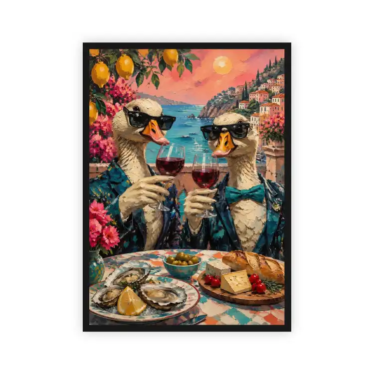 Plakat  pionowy Dwie kaczki w okularach przy stole Eko-Deco