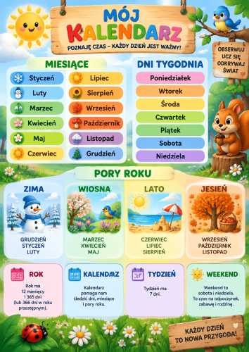 Kalendarz edukacyjny dla dzieci po polsku - miesiące, dni tygodnia i pory roku