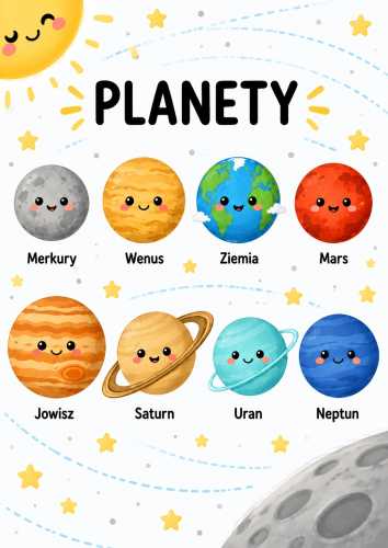 Plakat edukacyjny PLANETY - 8 uroczych planet z twarzami