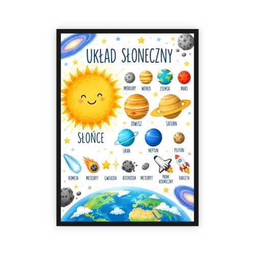 Plakat edukacyjny Układ Słoneczny z uśmiechniętym Słońcem